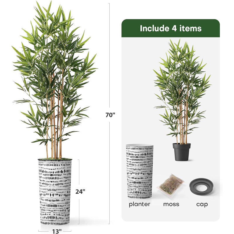 Artificial Tree in Geometric Pattern Planter Fake Bamboo Silk Tree (Plant Pot Plus Tree), Dots Black