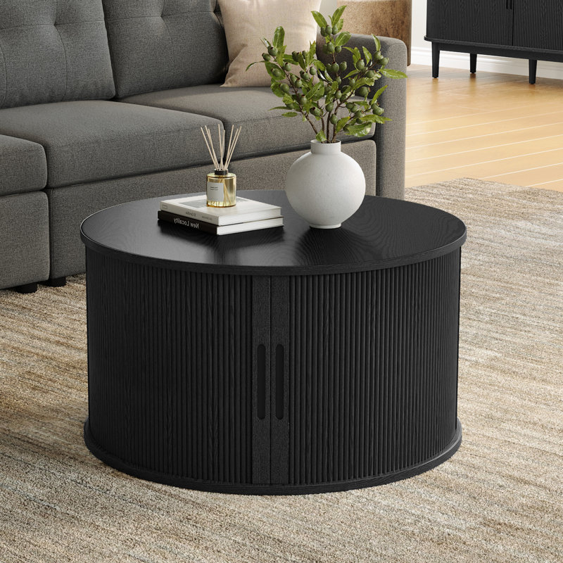 Table basse ronde avec grand rangement Leathia, Noir, Standard Top/1 Cabinet