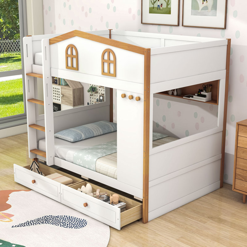 House-Inspired Wooden Bunk Bed with Built-in Storage Drawers and Shelf, Full Over Full