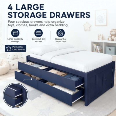 Lit capitaine avec 4 tiroirs de rangement, porte de rangement latérale, cadre de lit plateforme en bois avec support à lattes, lit de rangement peu encombrant pour enfants, adolescents et adultes, aucun sommier nécessaire