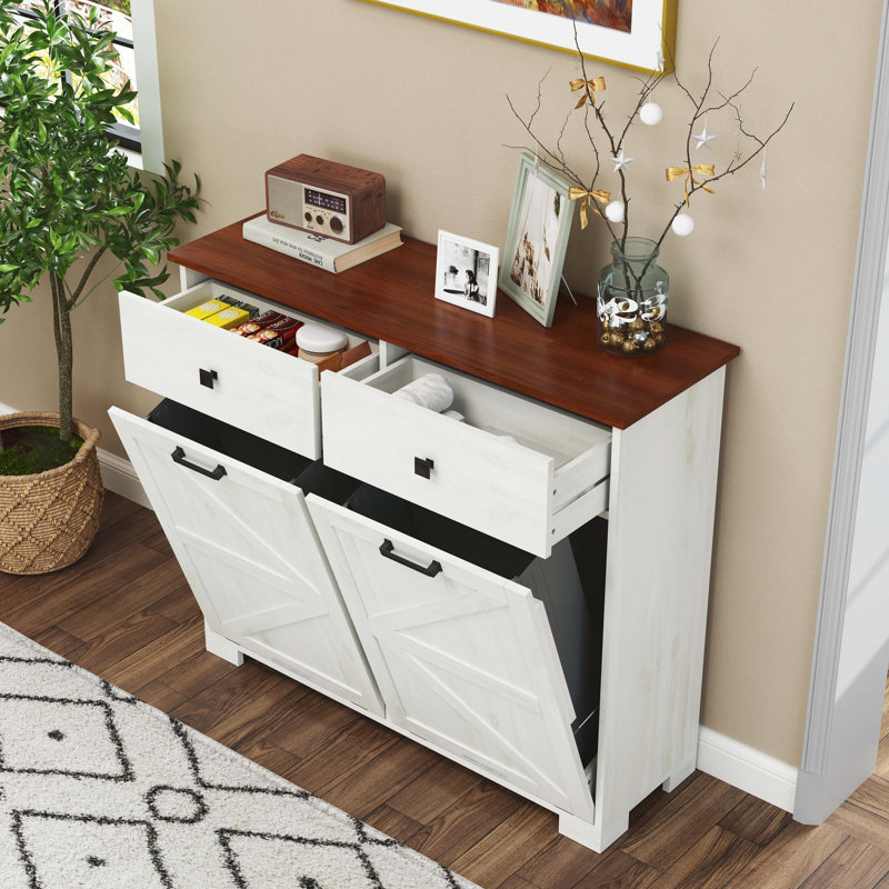 Console en bois avec tiroir dissimulé, armoire de trieur de linge de type porte de grange