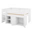 Lit mezzanine double pleine grandeur, lit mezzanine en bois avec armoire de rangement et panneau noir, tablettes ouvertes, garde-corps et échelle-1981721036
