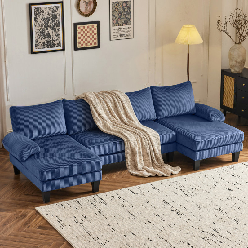  110 In. Pillow Top Arm U-Shaped Sectional Sofa, Blue Corduroy