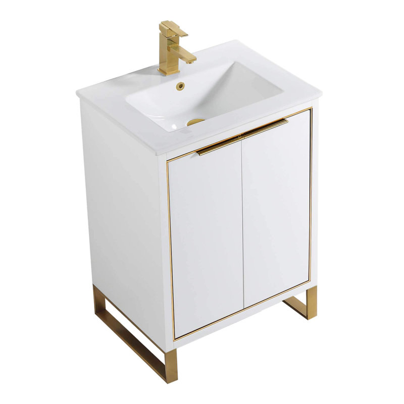 24'' Single Bathroom Vanity Set, Satin Brass, White