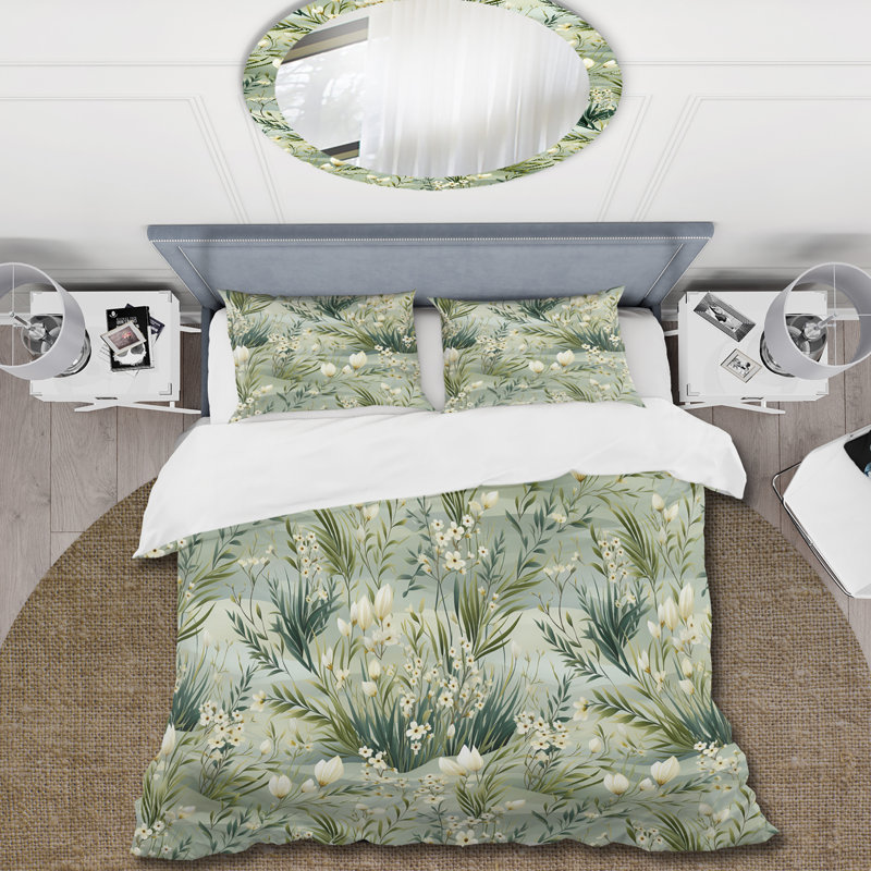 Literie Green Grassland Meadows, Housse de couette pour grand lit et 2 taies décor