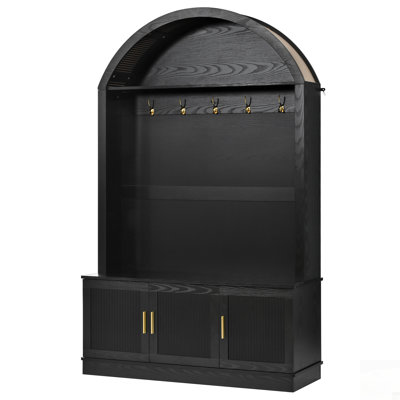 Farmhouse Fabric Arched Top Hall Tree with 5 Metal Hooks, Adjustable Shelves, and Mid-Century Fluted Door Entryway Bench