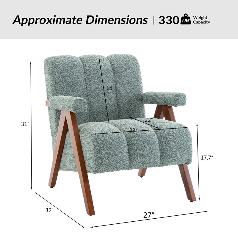 Mid Century Modern Accent Chair, Chenille Armchair With Solid Wood Legs, Channel Tufted Comfy Reading Chair For Living Room