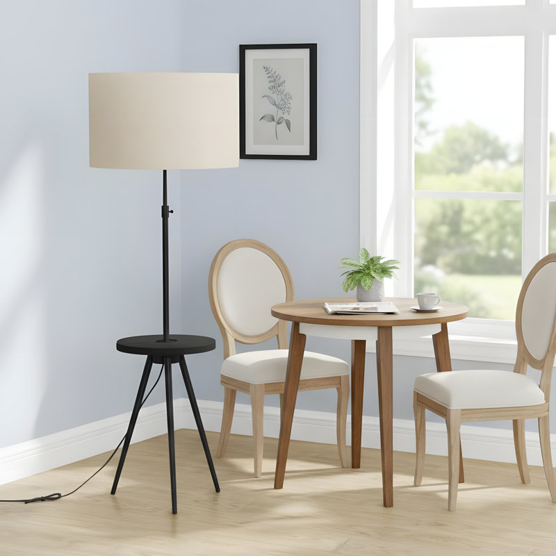 Éclairage, lampe sur pied, hauteur de 63 pouces, métal noir, abat-jour ivoire / crème, style moderne