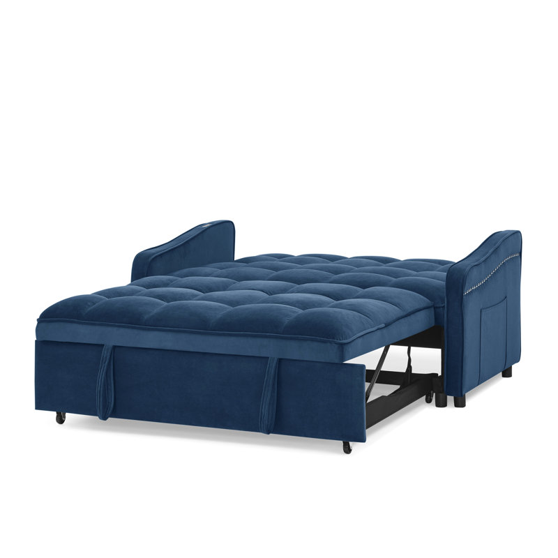 Lit escamotable, velours bleu, dossier réglable pour une bonne nuit de sommeil, Bleu