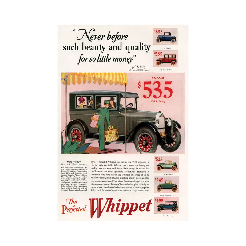 1920s Willys-Knight Magazine Advert 1 Piece Wall Art on Canvas, 66.04cm H x 45.72cm W