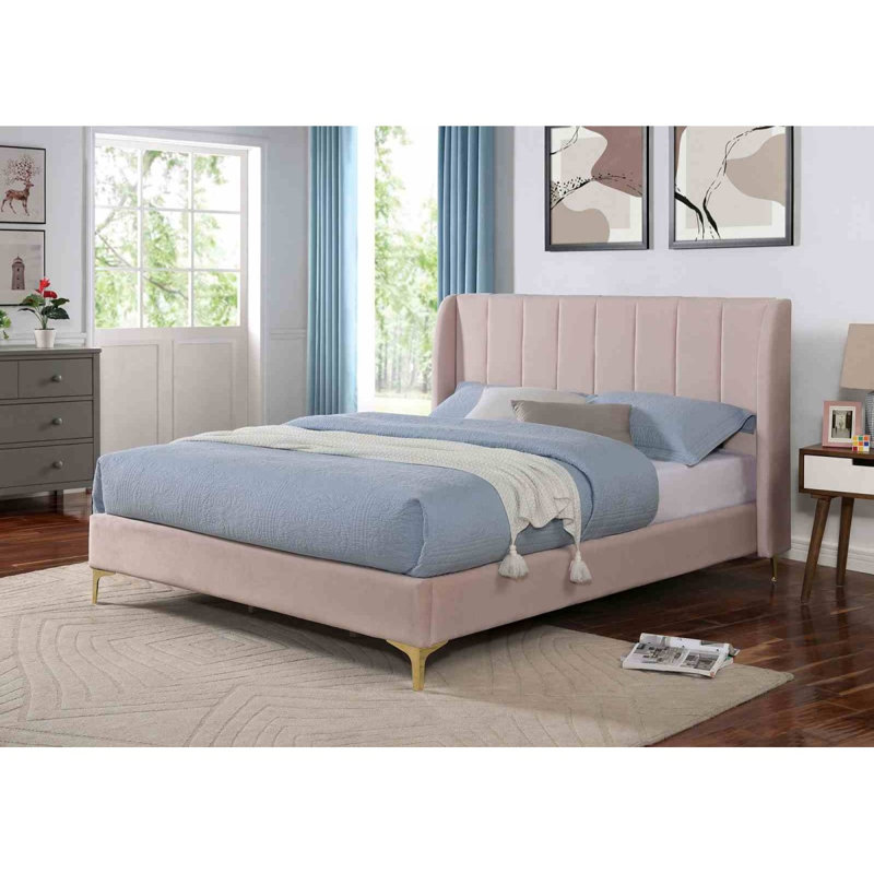 Tête de lit contemporaine à oreilles de lit double en forme de velours rose clair