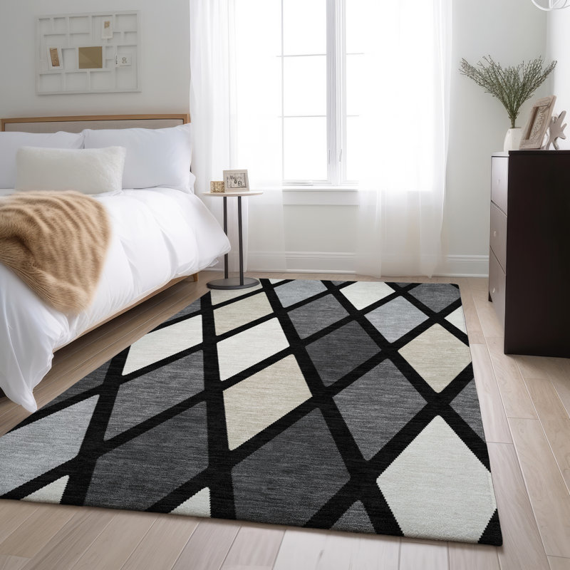 Premium Machine Washable Prisco Black Rug, Rectangle 10' x 14'