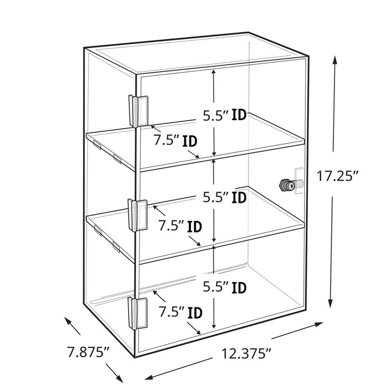 Acrylic counter display case with 2 12.375" shelves