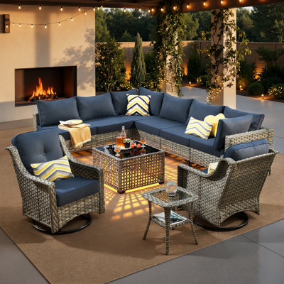 Emroy 8 - Person Wicker/Rattan Sectional Seating Group with Lighted Coffee Table and Swivel Chairs, All Weather Modular Outdoor Conversation Set with Cushions