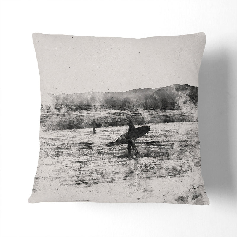 Two Surfers Watercolour Scatter Cushion, Black, 40cm H x 40cm W x 15cm D