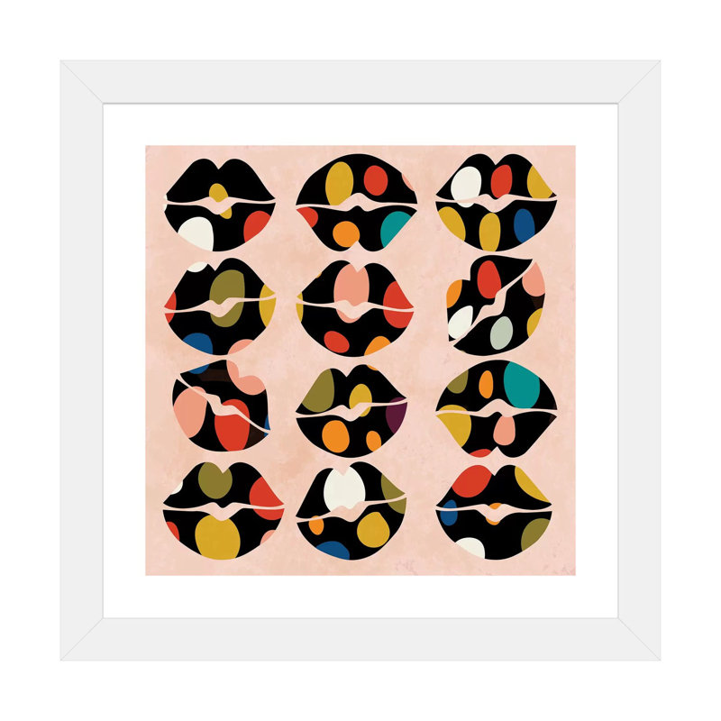 «Kiss Me If You Can» par Ana Rut Bré - impression d'art graphique, H 16 po x l 16 po x p 1 po, Papier encadré blanc, Blanc