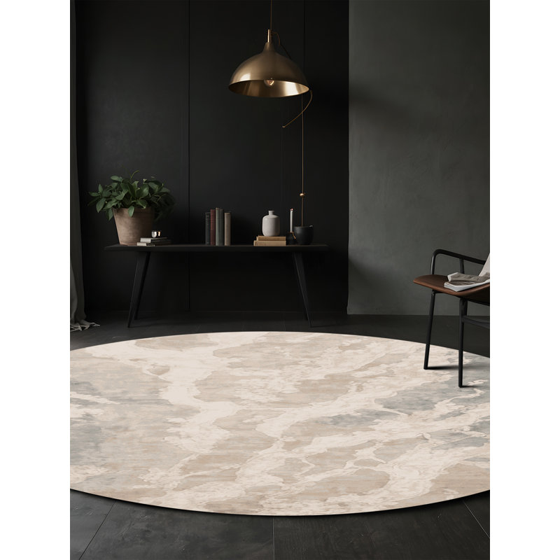 Tapis beige soyeux et moelleux, Rond 7 pi