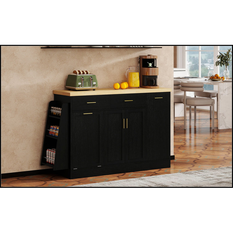 Buffet de rangement multifonctionnel avec porte coulissante, poubelle cachée et support à épices à 3 niveaux pour les espaces de cuisine et de salle à manger organisés