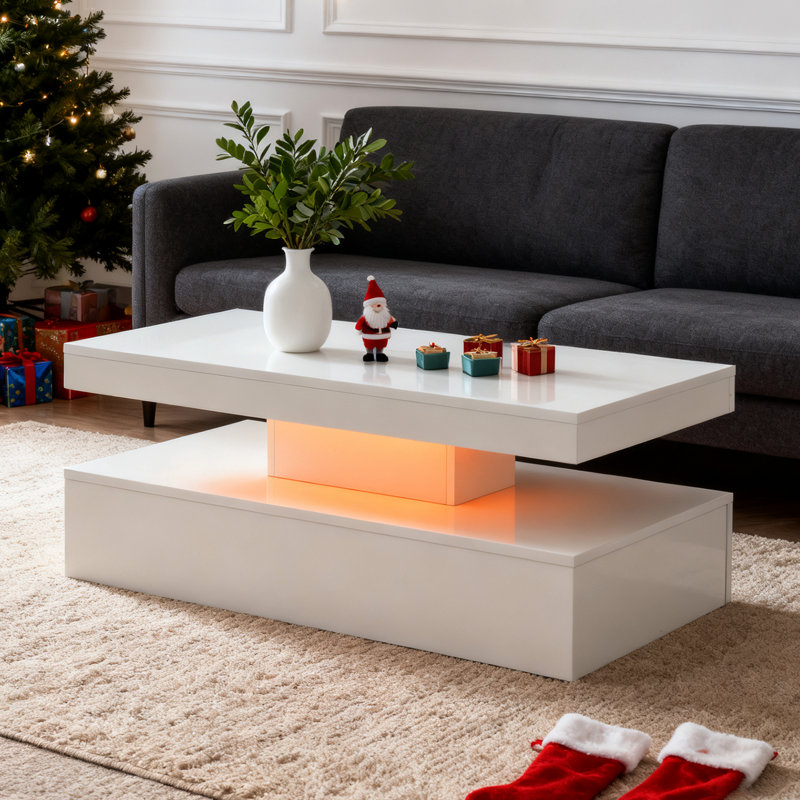 White High Gloss 100cm Coffee Table with Led Light 16-Colour for Living Room