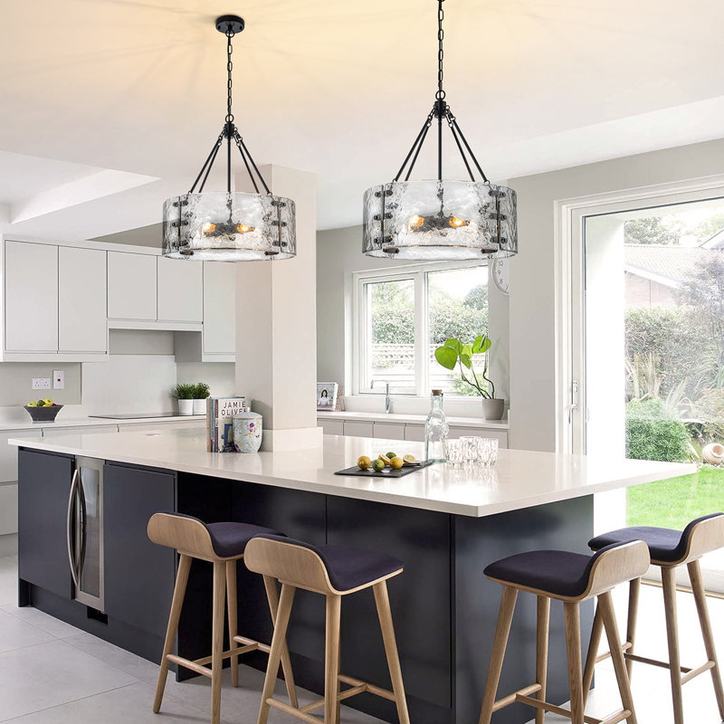 5-light Drum Chandeliers With Textured Glass , Matte Black