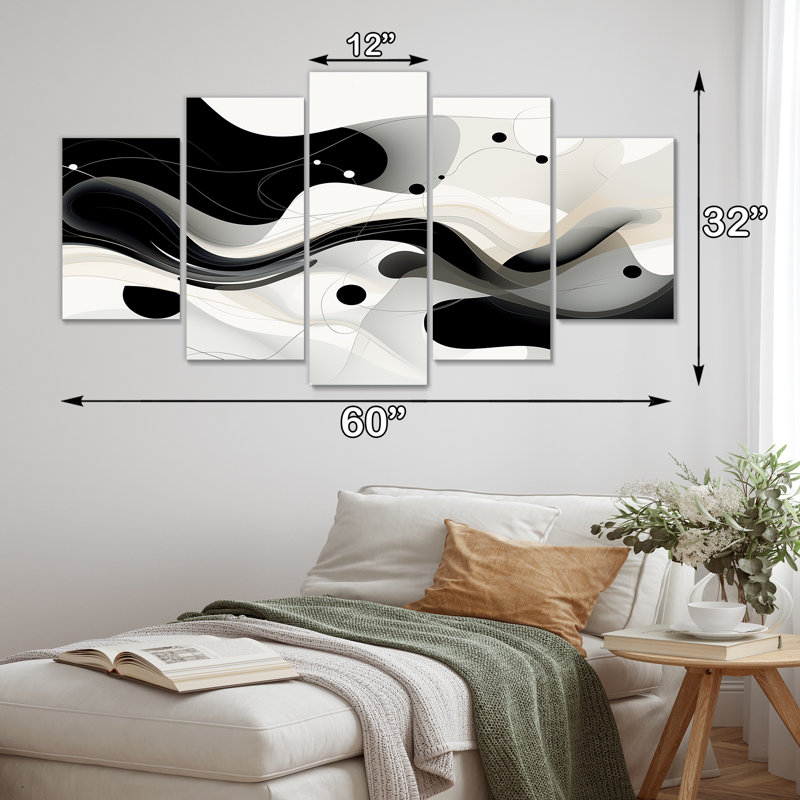 Monochromes évocations - vagues, art mural 5 pièces, H 32 po x l 60 po