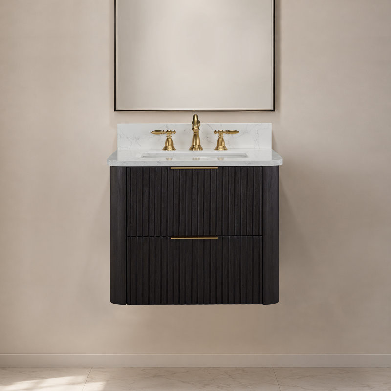 Meuble-lavabo flottant 24 po avec lavabo, meuble-lavabo mural cannelé, comptoir en faux marbre, tiroir à fermeture en douceur, entièrement assemblé, chêne noir