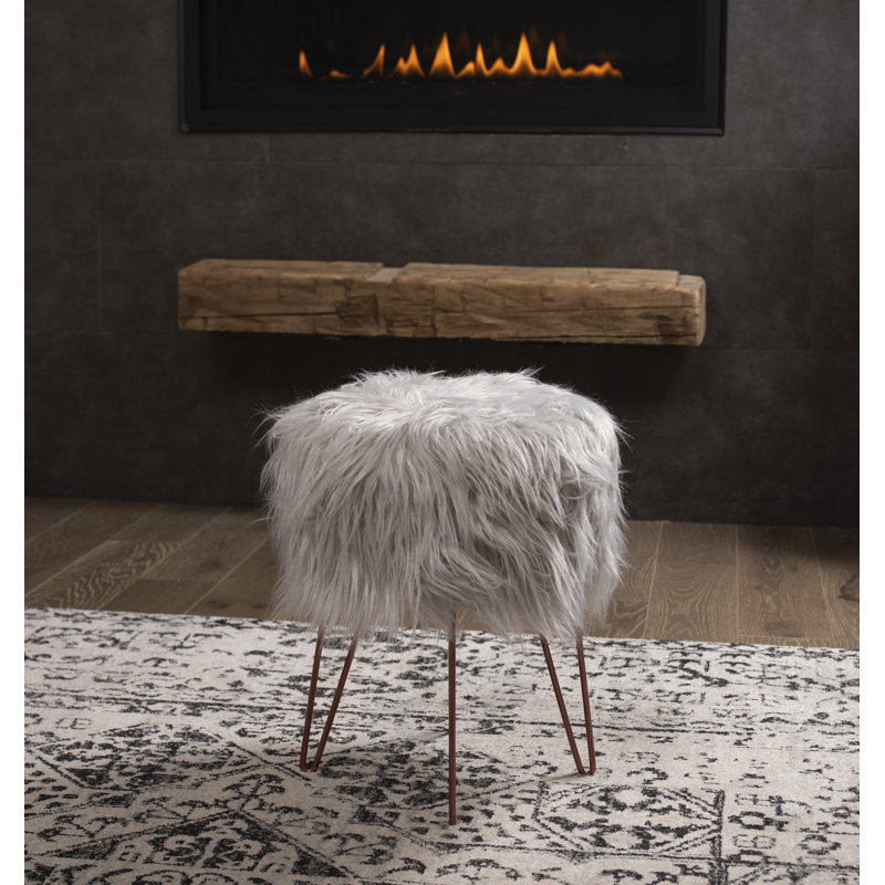 Upholstered Ottoman, Silver Faux Fur