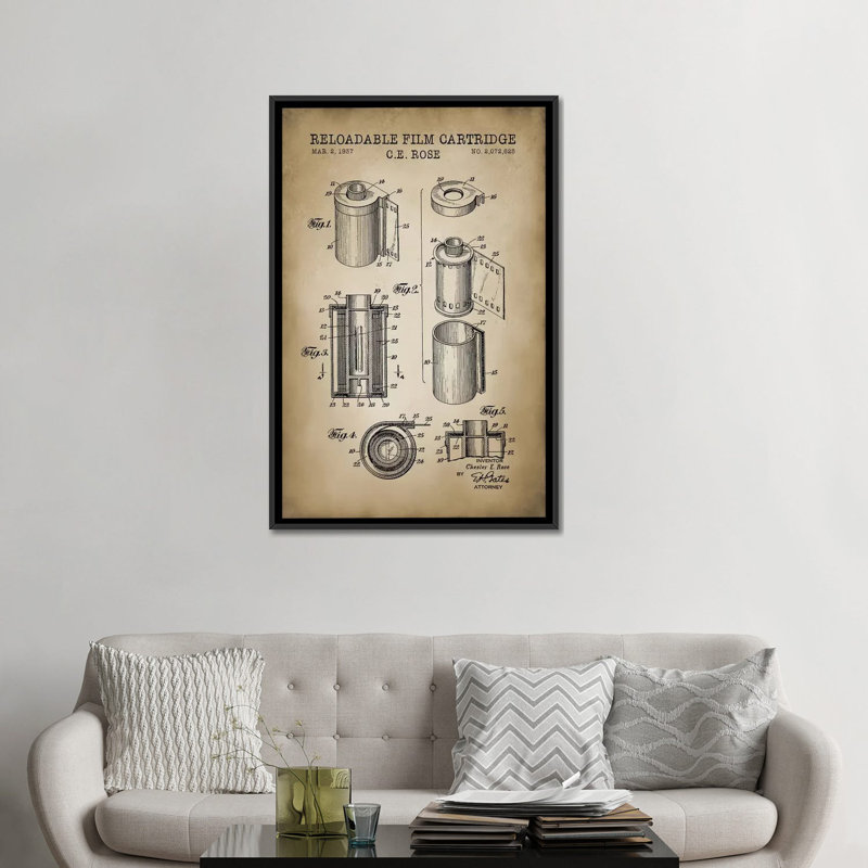 « reloadable cartridge film, beige », impression sur toile, H 26 po x l 18 po x P 1,5 po, Toile avec cadre noir, Pas de tapis
