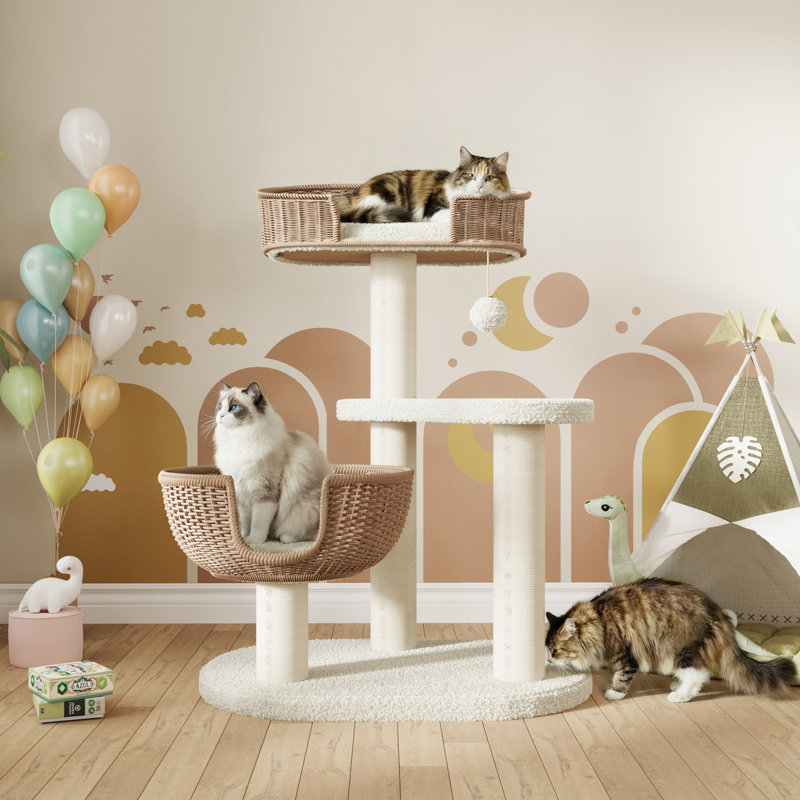 Arbre à chat 35,4 po en rotin arqué avec perchoir sherpa festonné et condo tissé à la main, Beige/brun