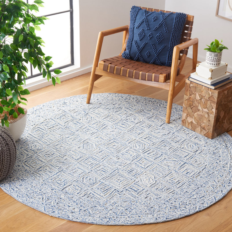 Hadad Textual Hand Tufted Wool/Cotton Geometric Rug in Blue/Ivory, Round 6'