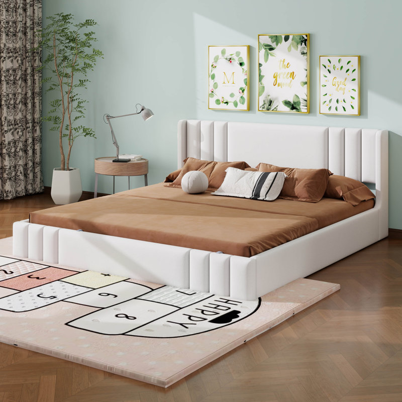 Lit plateforme tapissier avec tête de lit et lit bas à profil bas, Très grand lit, Beige