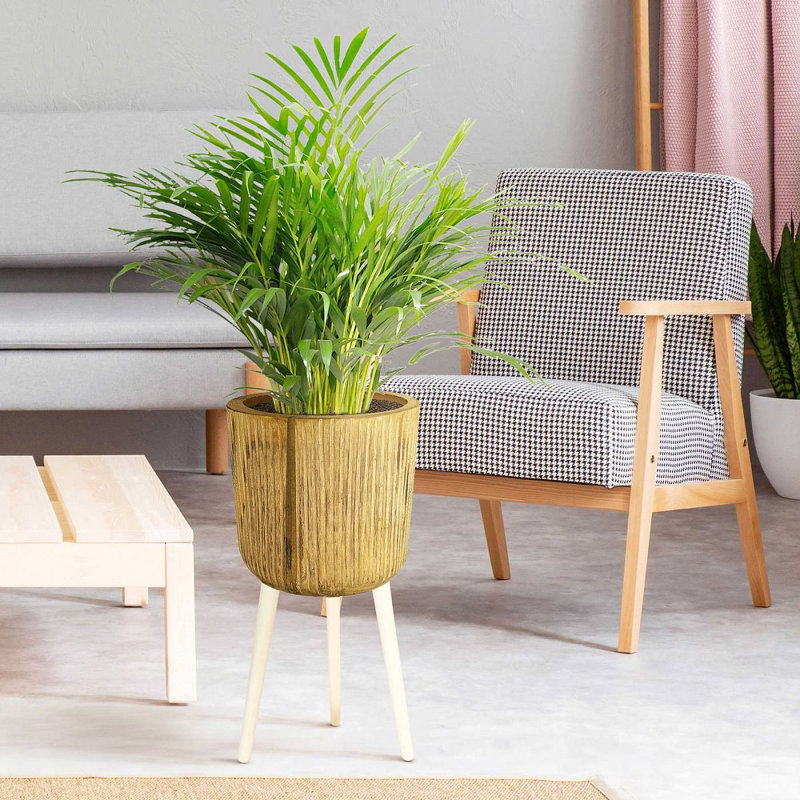 RIBBED Tall Indoor Plant Pot Stand for House Plants with Waterproof Liner | Natural Wooden House Planter with Legs D27 H60 cm, 2.5L
