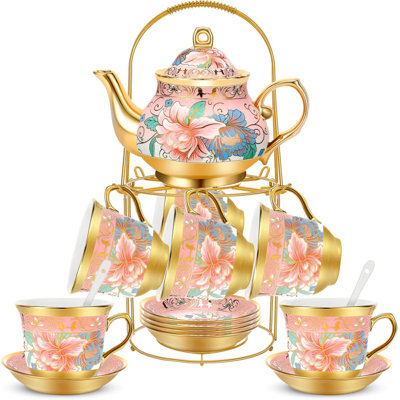 Service à thé en porcelaine à motif floral rétro vintage avec support en métal - Ensemble de thé européen en céramique 20 pièces comprenant une théière, des tasses, des soucoupes et des cuillères pour 6 personnes