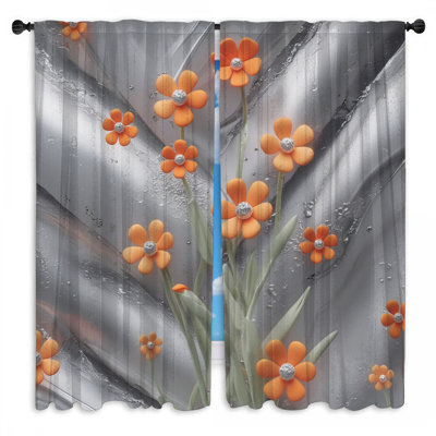 Fleurs orange sur rideaux argentés transparents - 2 panneaux