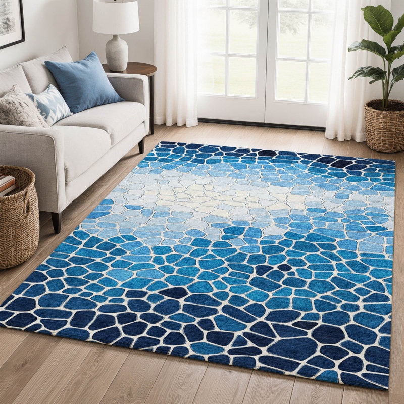 Tapis géométrique de qualité supérieure lavable à la machine Mayfield AMF2190, Bleu, 2 pi 6 po x 3 pi 10 po