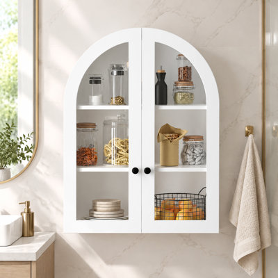 Armoire de rangement murale cintrée avec portes en verre trempé et tablette réglable