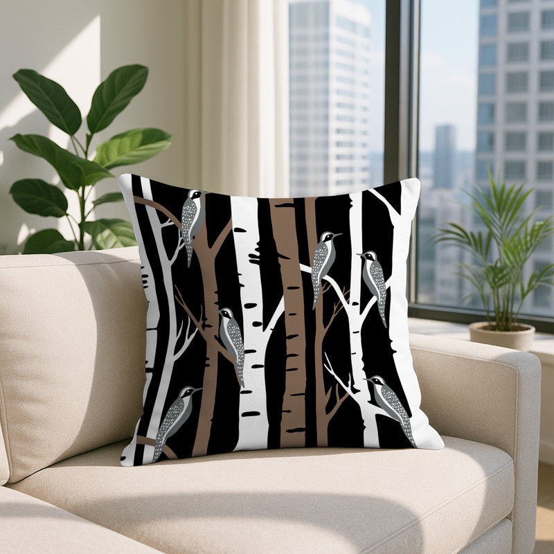 Oreiller carré réversible intérieur / extérieur Fiore Bird, Carré 15 po, Noir