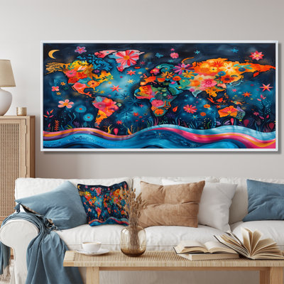 Orange Blue Abstract World Map - World Map Wall Art Living Room