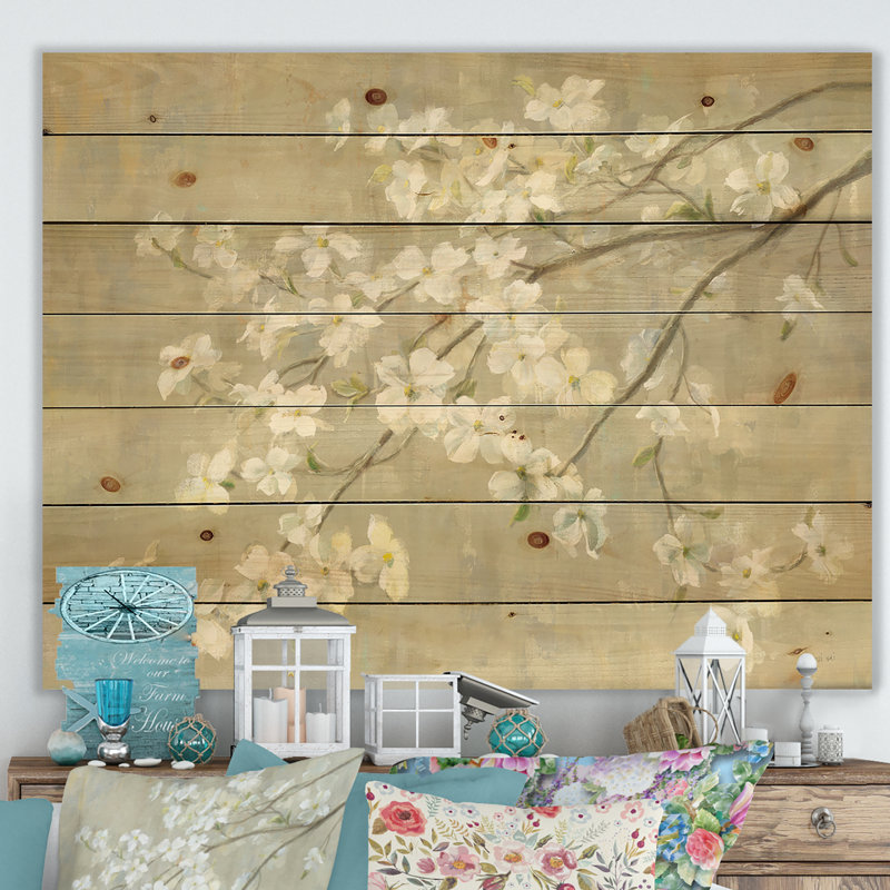 Cornouiller au printemps neutre - imprimé campagnard sur bois de pin naturel, H 36 po x l 46 po x P 1,5 po