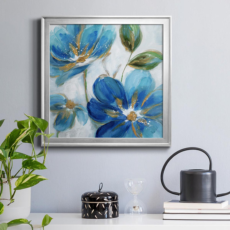 Flowering Blues II - Peinture sur toile encadrée, H 34,5 po x l 34,5 po x P 1,5 po, Argent