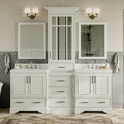 Ensemble de meuble-lavabo double 84,25 po avec plateau en quartz et miroir Abshire