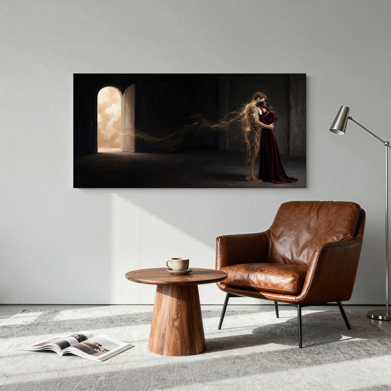 Tableau sur toile représentant un homme rayonnant enlaçant une femme près d'une porte cintrée lumineuse, 24"W x 12"H