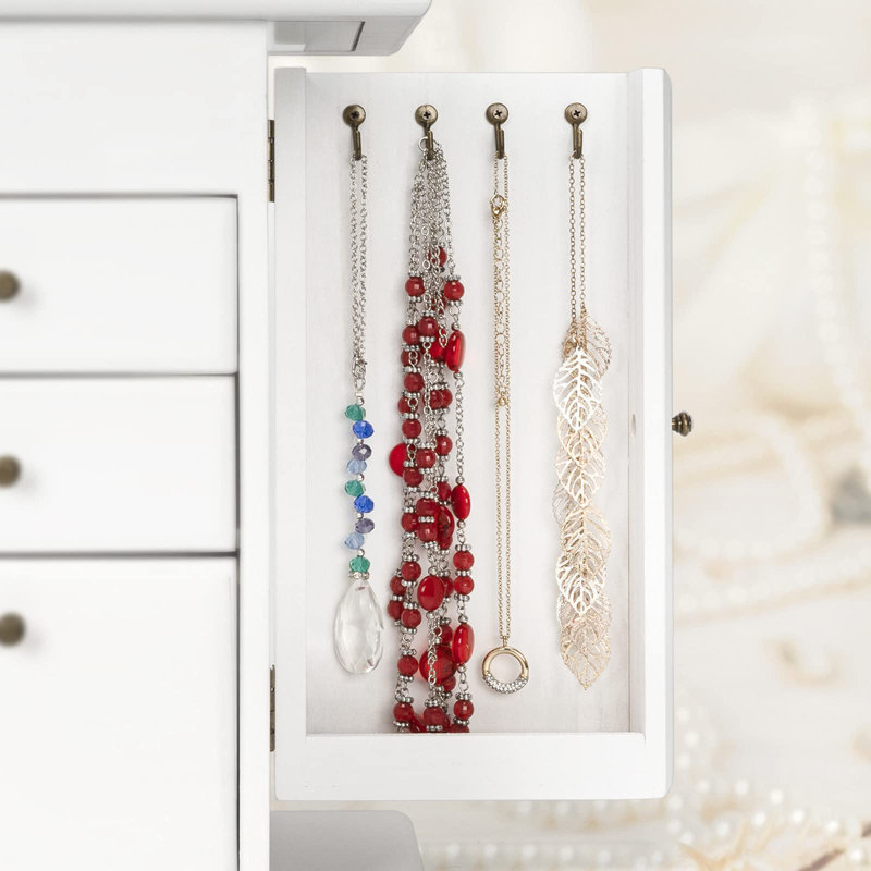 Boîtes à bijoux et organisateurs rustiques en bois avec miroir, présentoir de boîte à bijoux à 4 couches pour bagues, boucles d'oreilles et colliers (blanc vieilli)