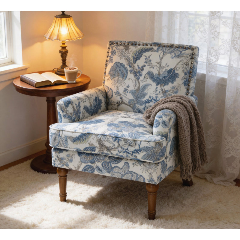 Chaise d'appoint, fauteuil floral, garniture cloutée, Blue