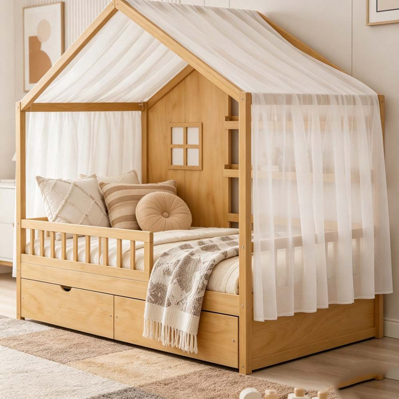 Lit double avec rideaux, tiroirs de rangement et garde-corps Kids, Double, Naturel