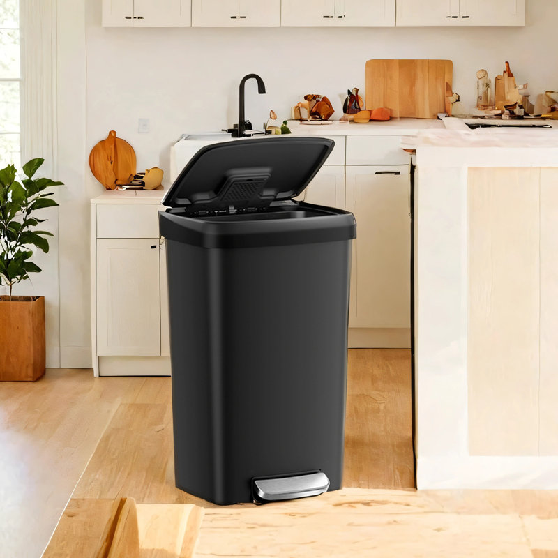 Poubelle de cuisine en plastique, poubelle de 12 gallons (45 L) avec couvercle en acier inoxydable, poubelle à pédale avec roues et poignée arrière à fermeture en douceur