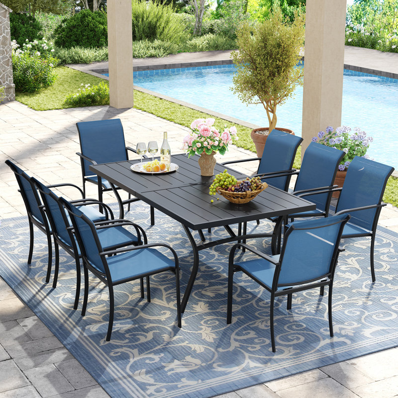 Ensemble repas pour 8 personnes avec chaises empilables PVC-coated polyester, Noir / Bleu