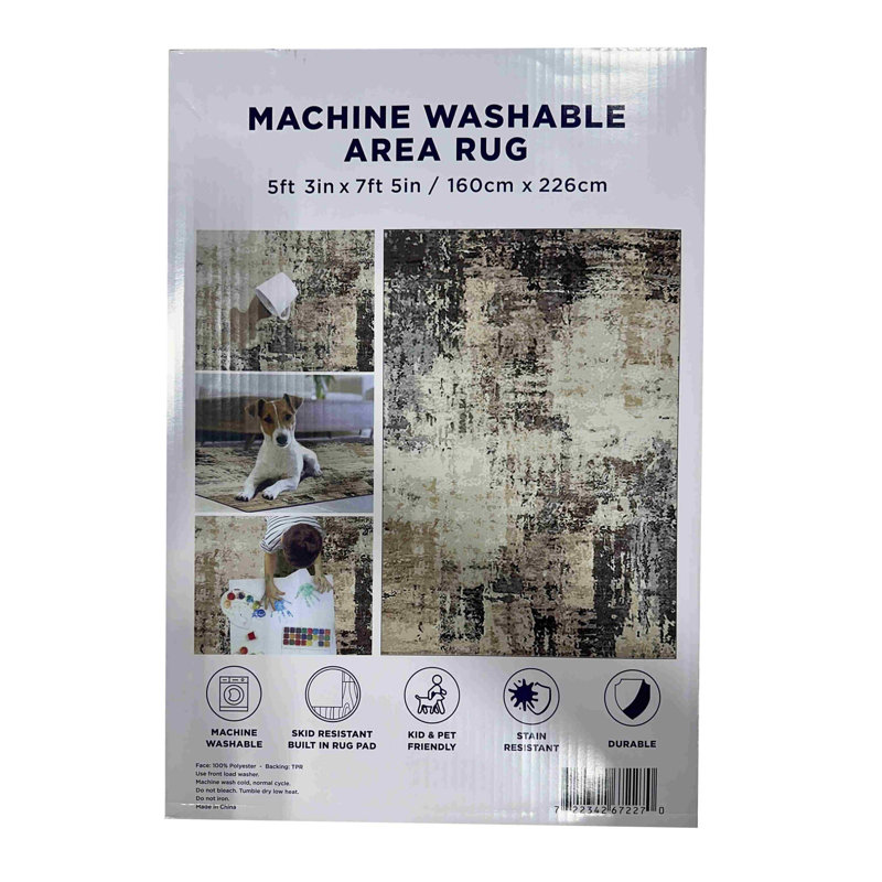 Habib is a soft printed rug, size 5.3x7.5 feet, machine washable, non-slip backing, packaged in a box.
