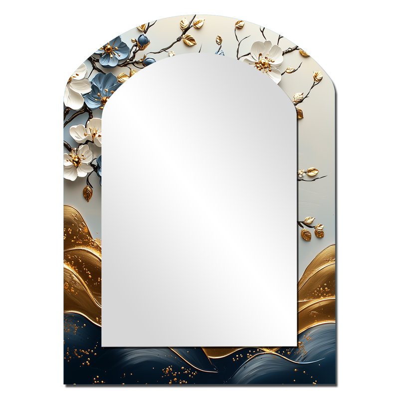Blue Gold Cherry Blossom Branches II - Miroir mural asymétrique Cherry Blossom, 34 po x 25 po