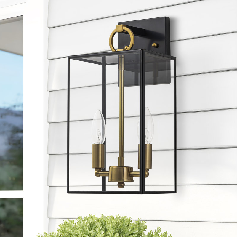 2-light Black+brass Outdoor Wall Lantern With E12 Base Socket And Clear Tempered Glass Shade, 14.25" H x 7.2" W x 6.5" D
